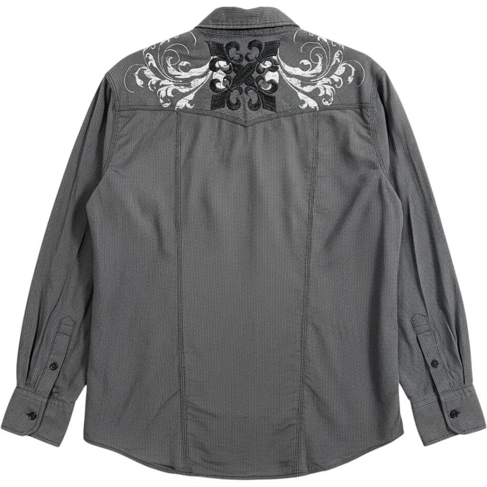 Pop Icon Clothing Buckle Mens XL Western Snap Shirt Grey Pinstripe Embroidered